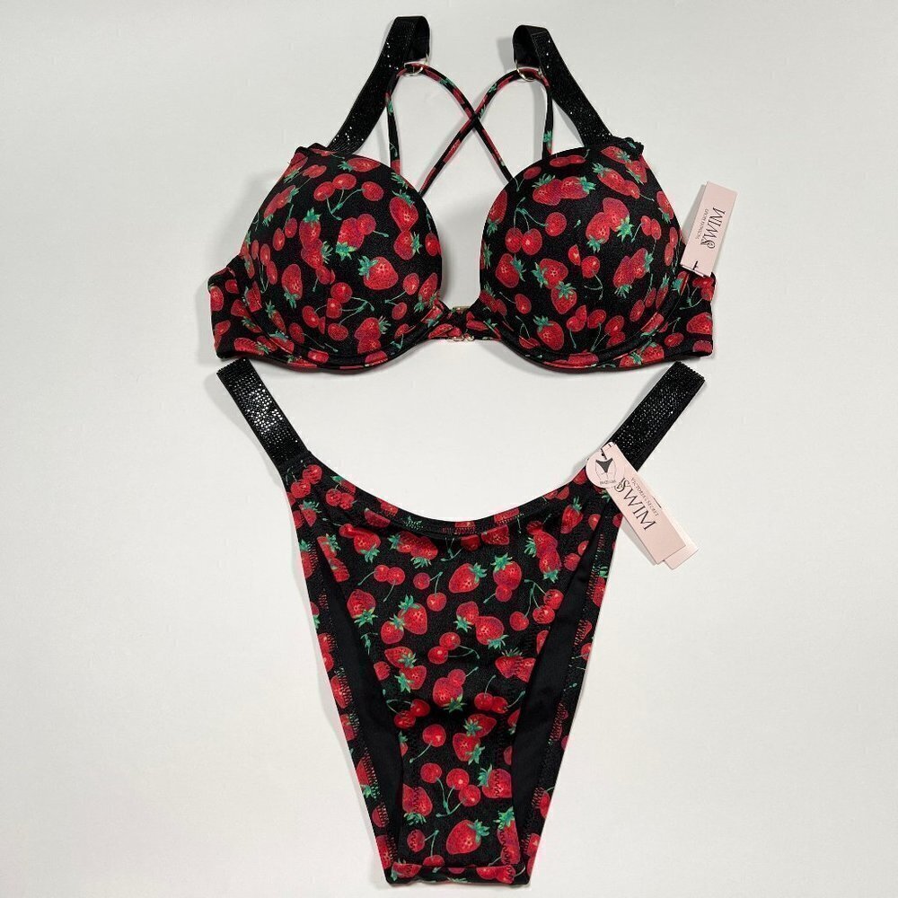Victoria Secret 38D XL Bombshell Push Up Top Bikini Set Shine Strap Cherry Print